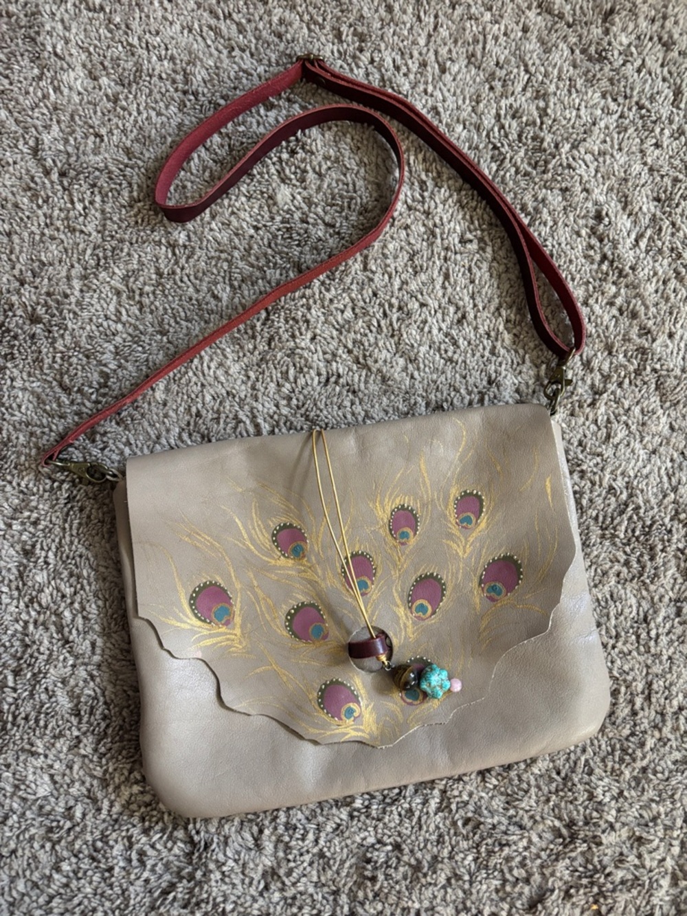 Rossymina boho Hand-Painted Peacock Feather Crossbody Bag genuine leather